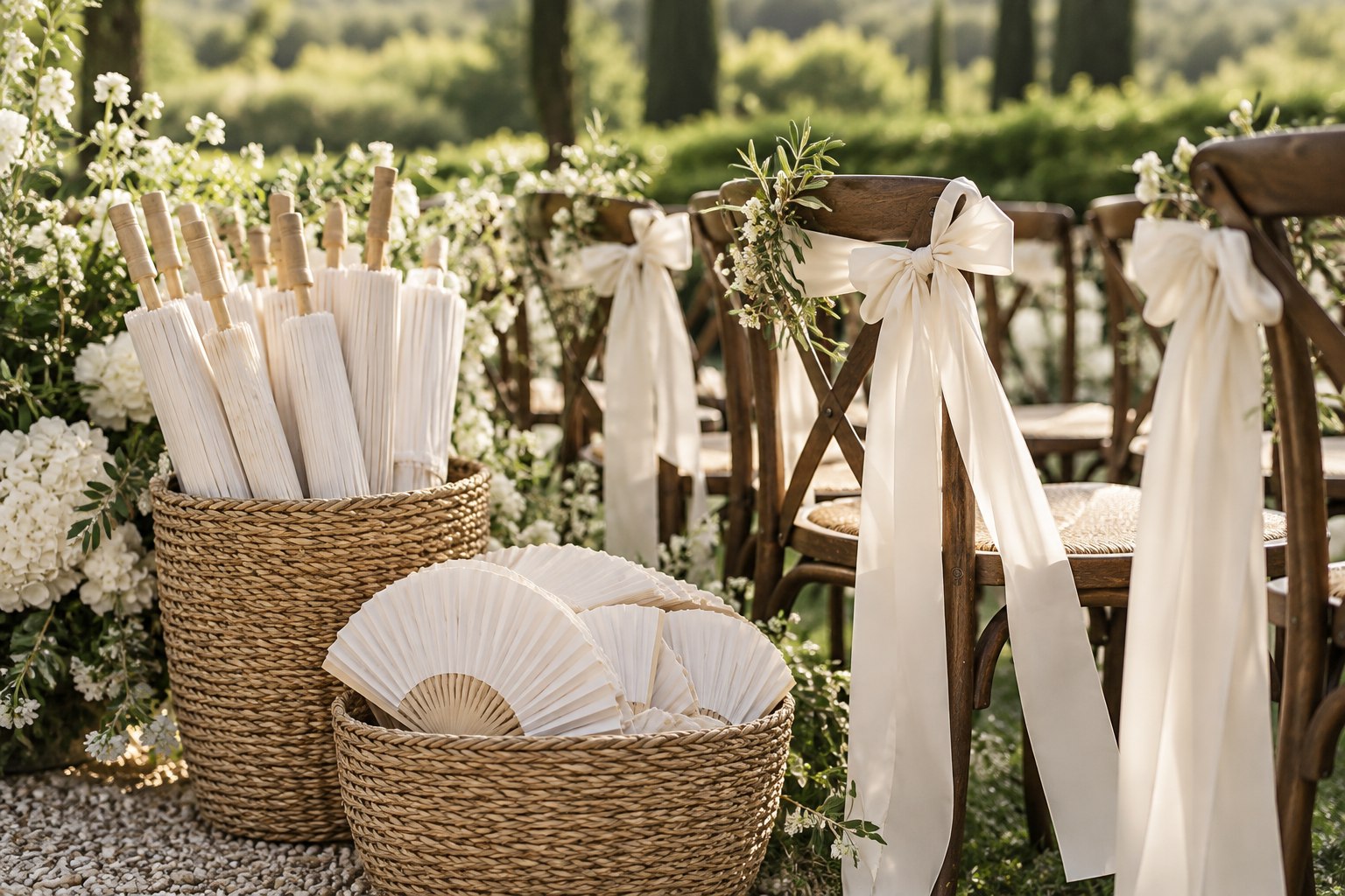 Garden ceremony inspiration with ivory chair ribbons, white paper parasols and fans