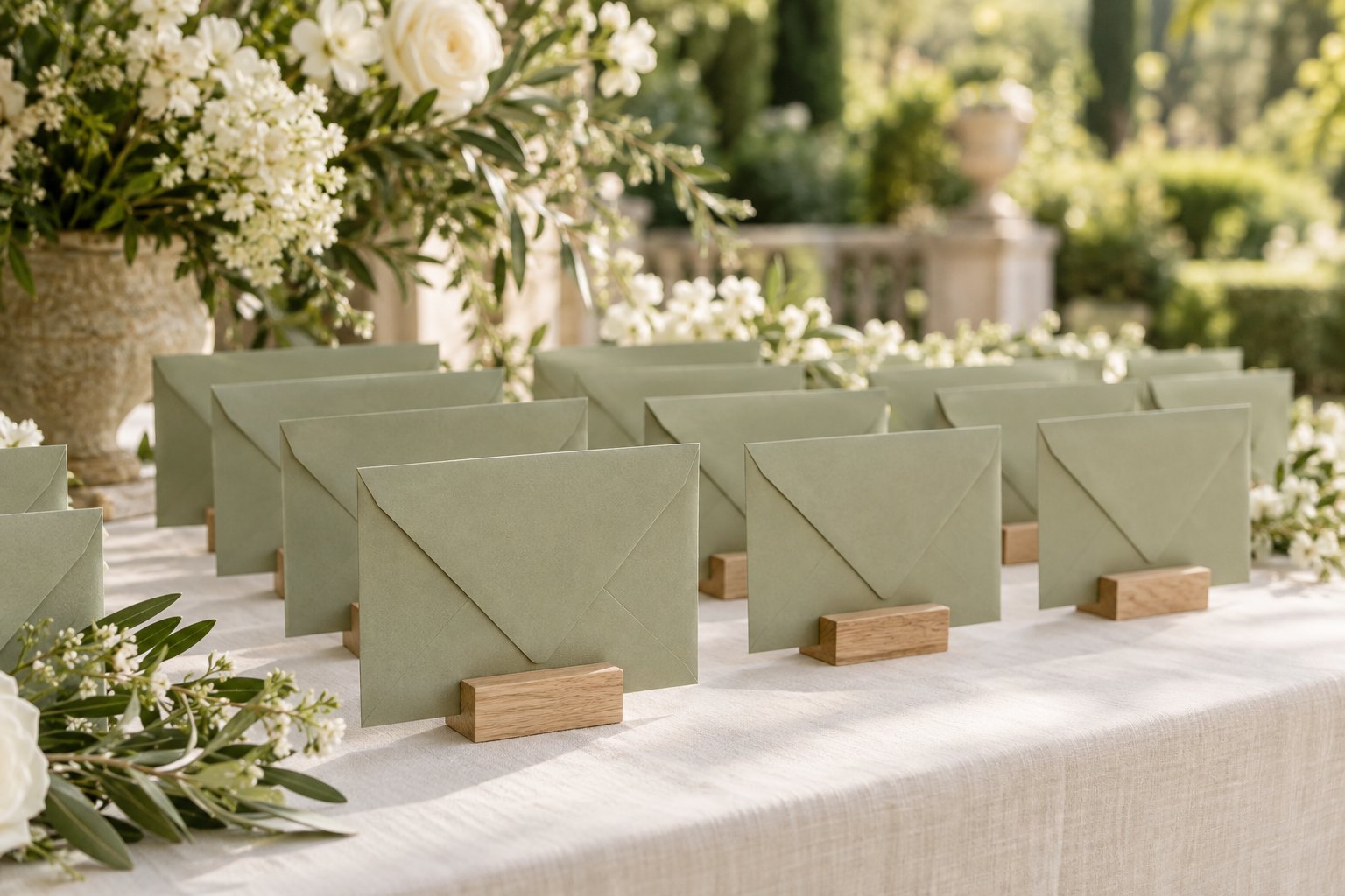 Sage envelopes displayed upright in small wooden holders on a wedding welcome table