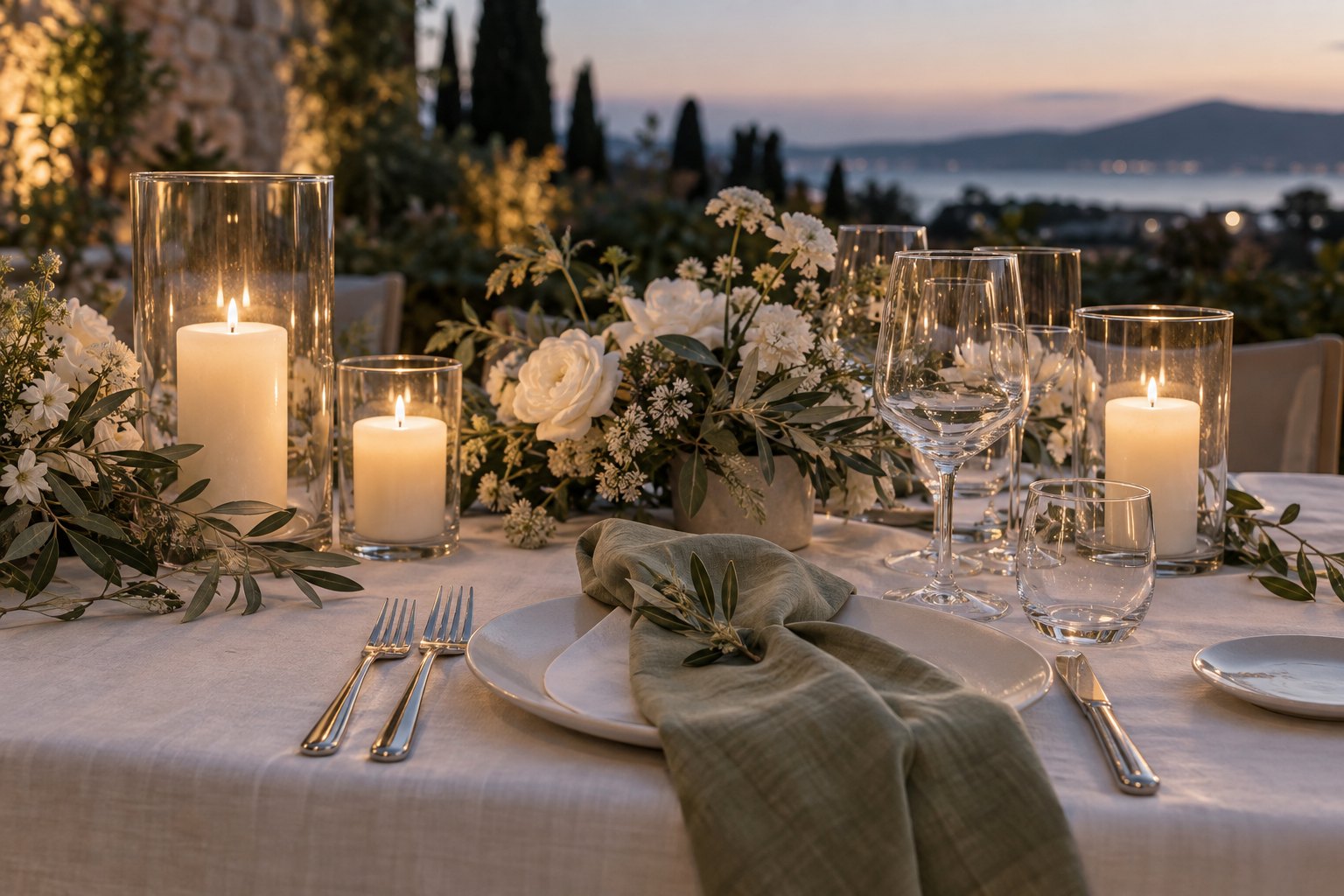 Ivory and sage reception place setting with pillar candles enclosed in clear glass holders