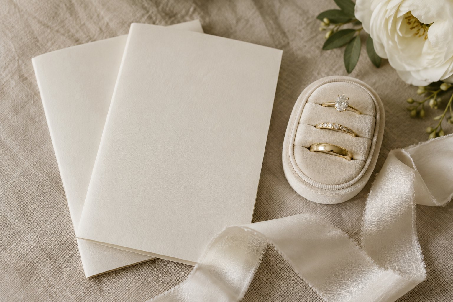 Two ivory vow books beside a velvet ring box and ivory ribbon on linen