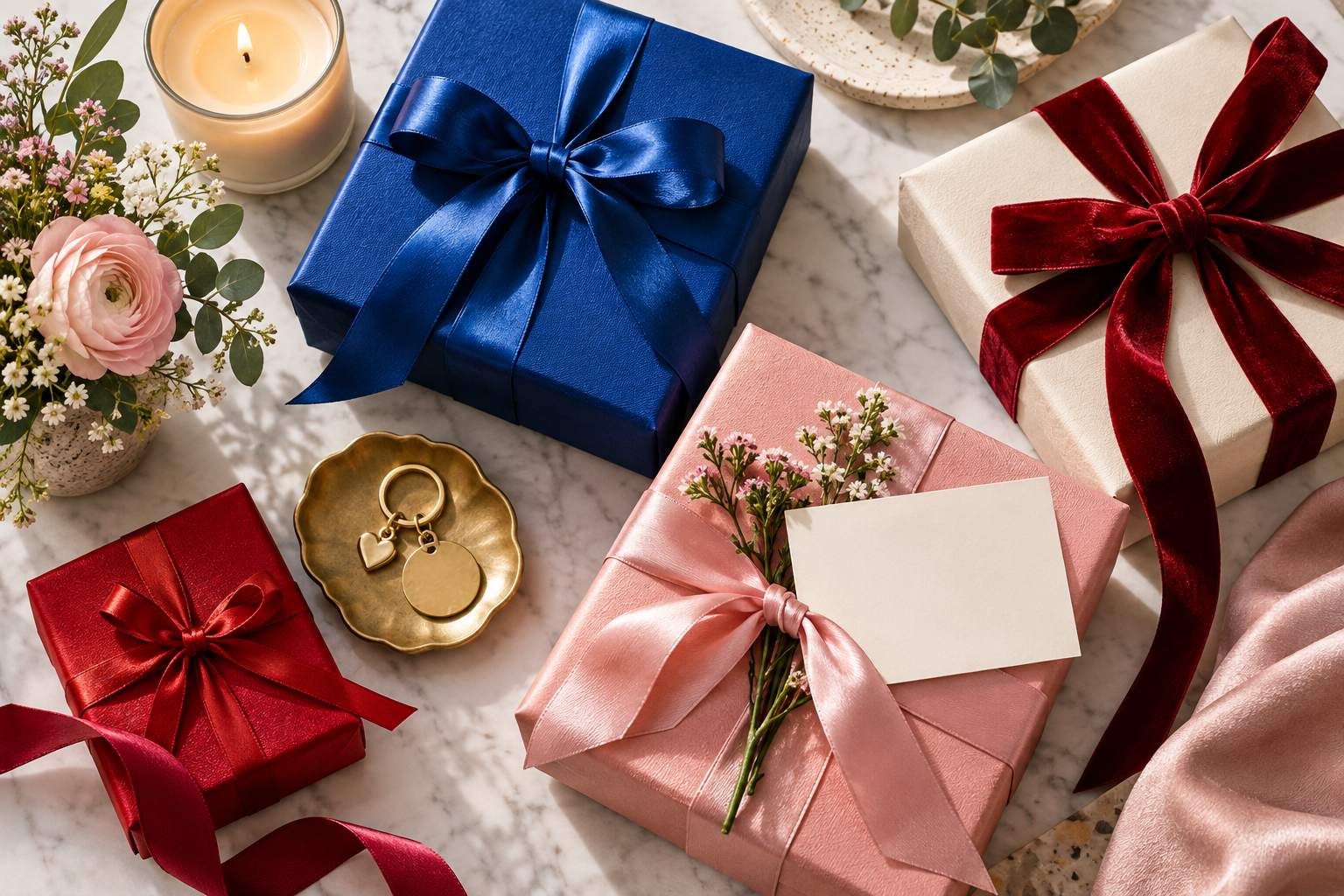 Beautifully wrapped gifts with ribbons, flowers, a candle, and a keepsake keychain